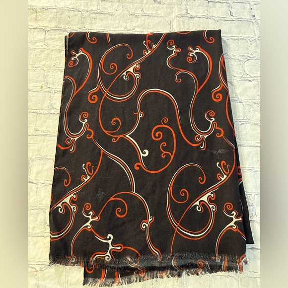HANDMADE 100% WOOL SWIRL PATTERNED CHOCOLATE BROWN BLACK RED AND CREAM SCARF O/S - Picture 8 of 9